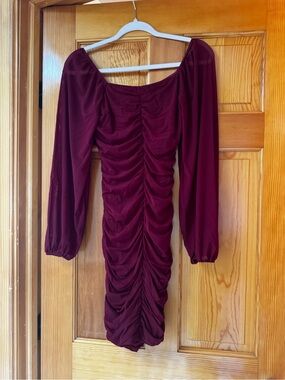 Ruched Long-Sleeve Bodycon Dress in Burgundy